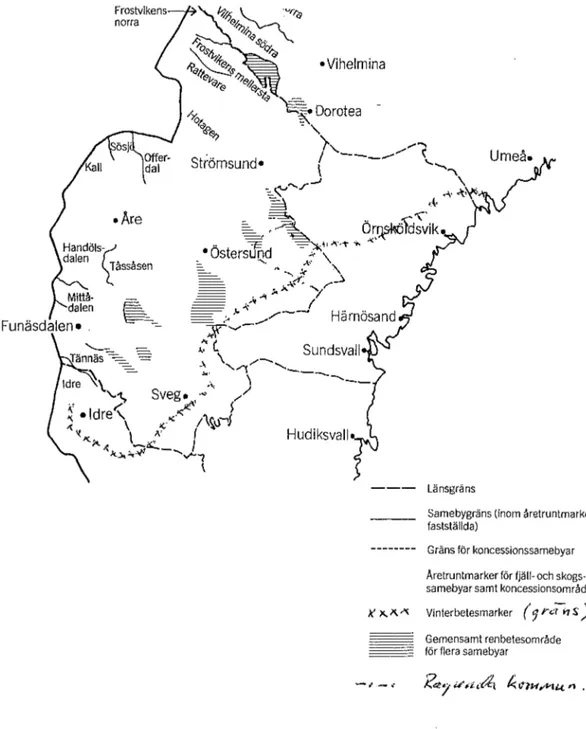 Figur  1.  Renbetesfjäll och vinterbetesland inom Jämtlands län,  samt aktuella samebyar