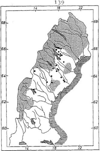 Figur  2.  Vildrenens forna  utbredning i Sverige samt förhistoriska fynd av renben.  Källa: Aronsson 1991 
