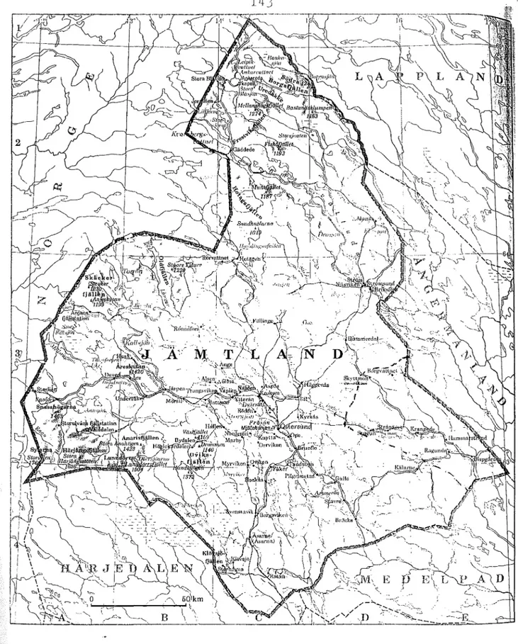 Figur  6.  Karta över landskapet Jämtland med Ragunda kommun i öster ungefärligen inritad