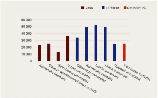 Figur 4 a. Fördelning över lärosäten av summorna (i tusental kronor) av de totalt beviljade beloppen  för Vetenskapsrådets forskningsmiljöer inom infektion och antibiotika utlysta år 2013–2018, uppdelat  på typ av infektion