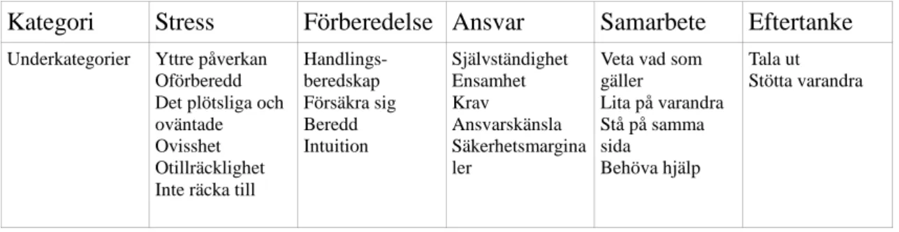 Tabell 1. Kategorier samt underkategorier 