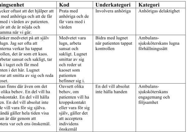 Tabell 1. Exempel från analysprocessen. 