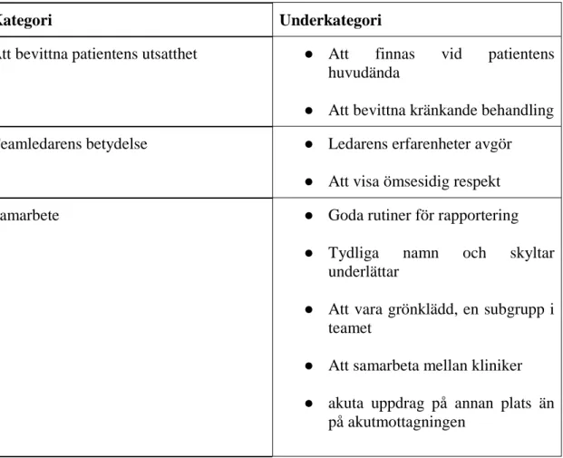 Tabell 2. Förtydligande av kategorier och underkategorier 