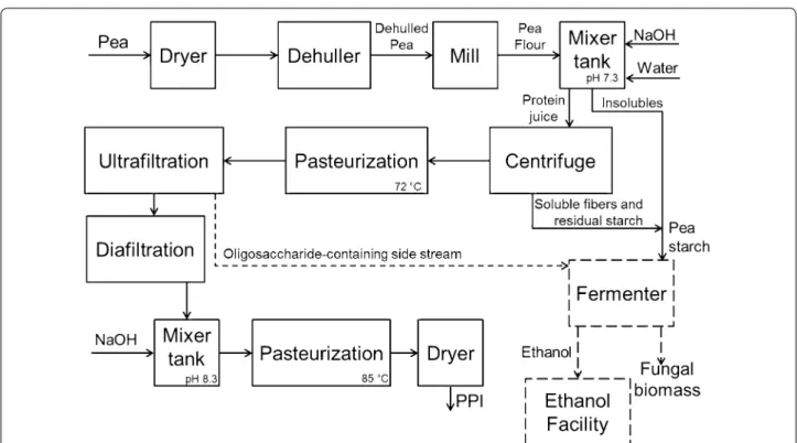 Fig. 5  Block flow diagram for the production of pea-protein isolate integrated with the production of vegan-mycoprotein concentrate by filamen-
