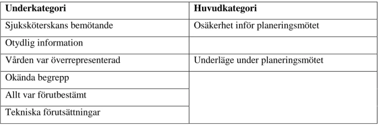 Tabell 3. Översikt över underkategori och huvudkategori. 