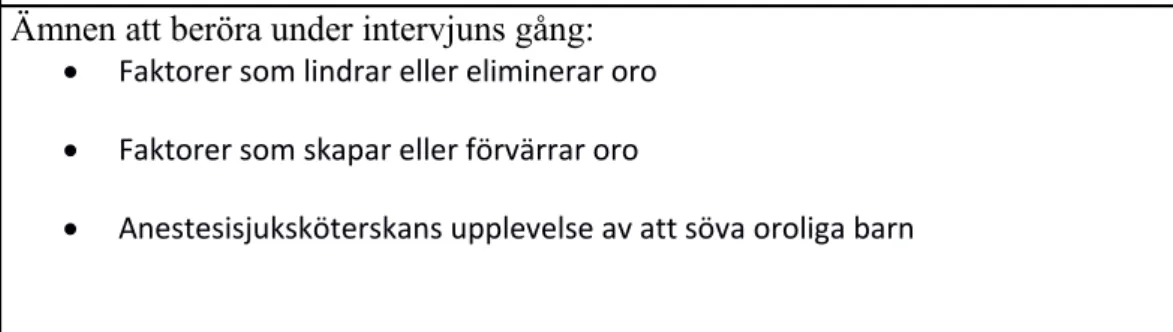 Figur 1. Tabell som beskriver den mall som intervjuerna genomfördes efter.