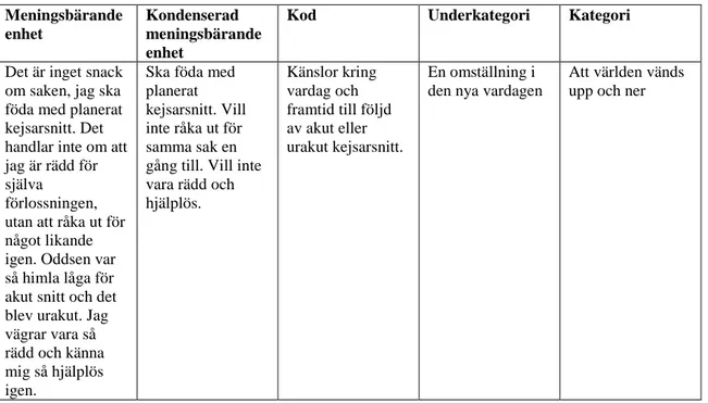 Tabell 1. Redovisningsexempel på tillvägagångssätt under analysen. 