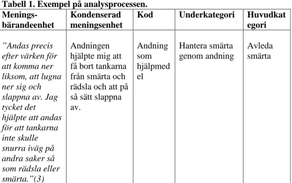 Tabell 1. Exempel på analysprocessen.   