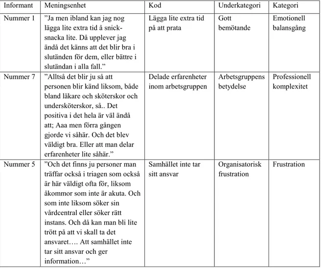 Tabell 1. Exempel på analysprocessen 