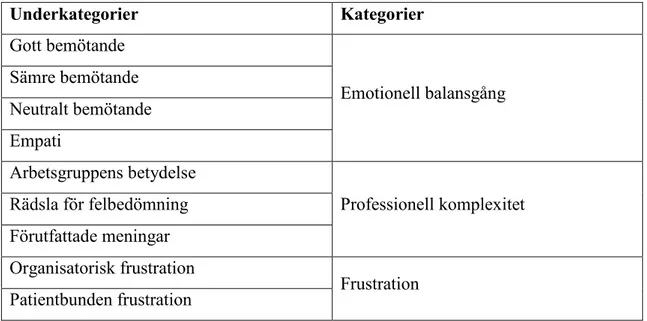 Tabell 2. Översikt över underkategorier och kategorier. 