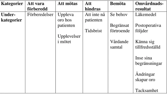 Tabell 3. Översikt över kategorier och underkategorier.  