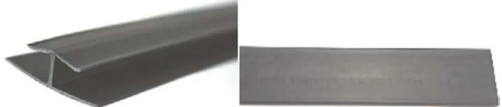 Figur 5: Sammanfogningslist för gipsskivor av 100 procent återvunnet material; 50 procent HFFR  och 50 procent HDPE till vänster och en spiklist till höger i samma material.