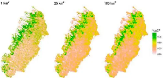 Figur 4:2. Norra Sverige (Norrbottens, Västerbottens, Jämtlands och Västernorrlands län) med  andel (%) potentiell kontinuitetsskog (pCF) presenterad på en kontinuerlig skala där områden  do minerade av pCF visas i grön färg