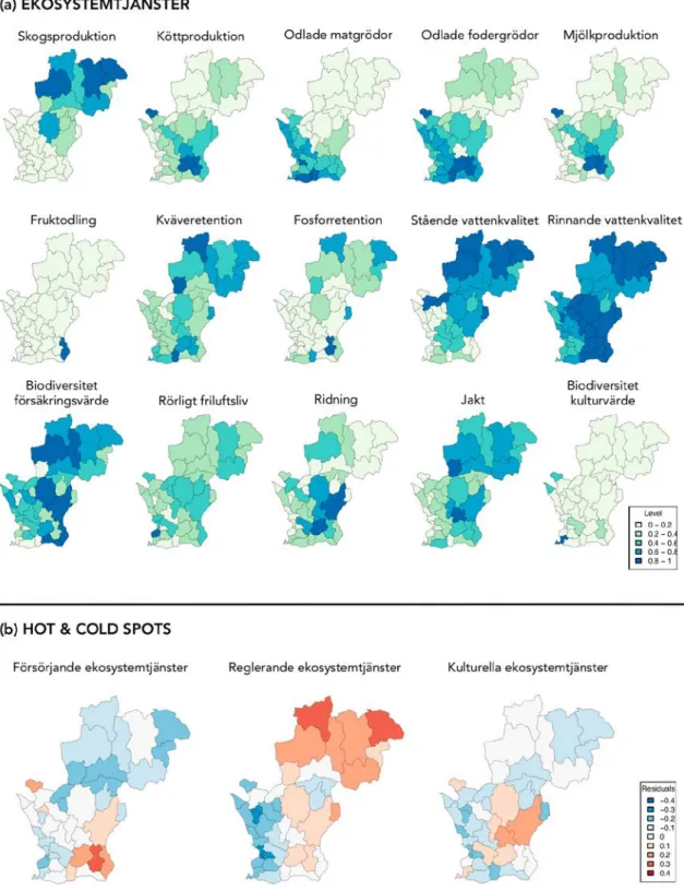 Figur 7. a) Rumslig distribution av 15 försörjande, reglerande och kulturella ekosystemtjänster i Skåne och  Kronobergs län