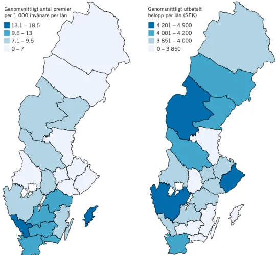 Figur 11. Genomsnittligt antal utbetalda premier per 1 000 invånare (till vänster) och genomsnittligt  utbetalt belopp (till höger) per län