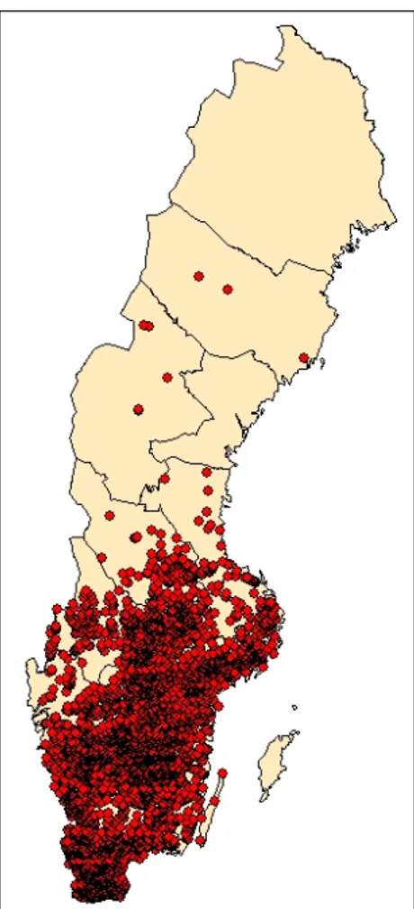 Figur 11. Kvalitetssäkrade data från kräft- kräft-data basen  av  Pacifastacus leniusculus i  Sverige år 2017