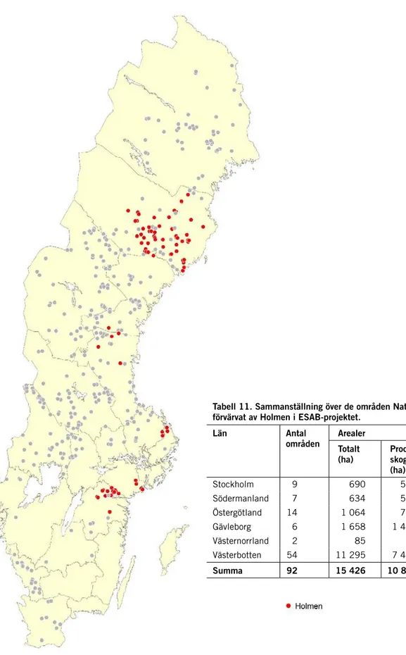 Figur 16. Kartöversikt, förvärvade områden i ESAB-projektet. Läget för de 92 områden  som Naturvårdsverket förvärvat av Holmen har markerats.