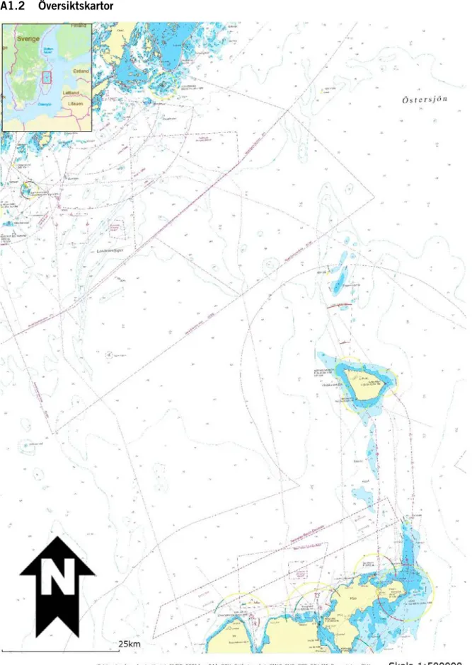 Figur 1. Sjökort över Gotska Sandön och omgivande havsområde samt landområden som inkluderar angörande 