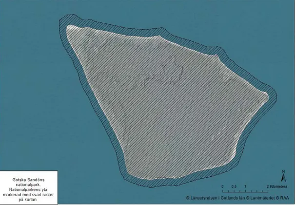 Figur 2. Nationalparkens område markerat med svart raster (se även bilaga 1).