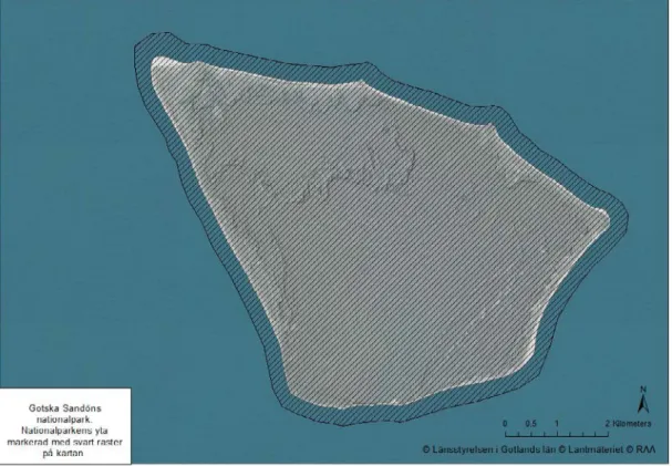 Figur 2. Nationalparkens område markerat med svart raster (se även bilaga 1).