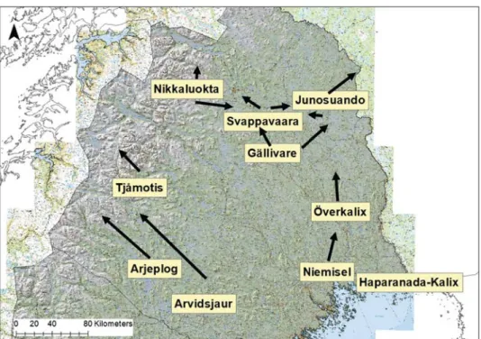 Figur 4. Fördelning av studieområden med GPS-märkta klövviltsarter i tre olika  delar av Sverige (A: Norrbotten, B: Västerbotten, C: Södra Sverige)