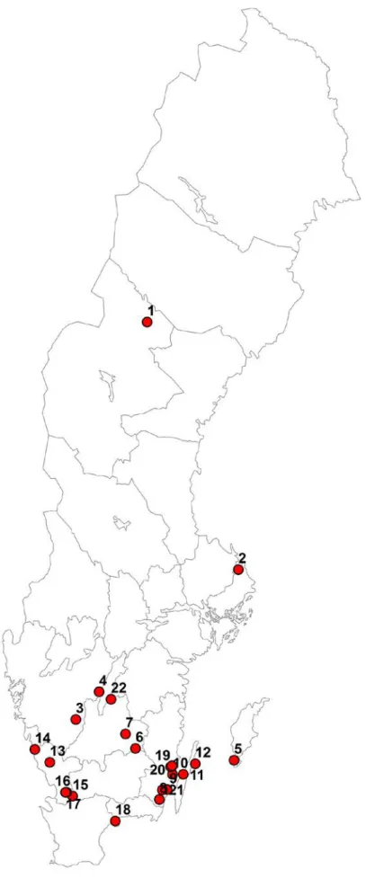 Figure B 4.1. Localization of the 22 post-construction programs for bats that are summarized in this report