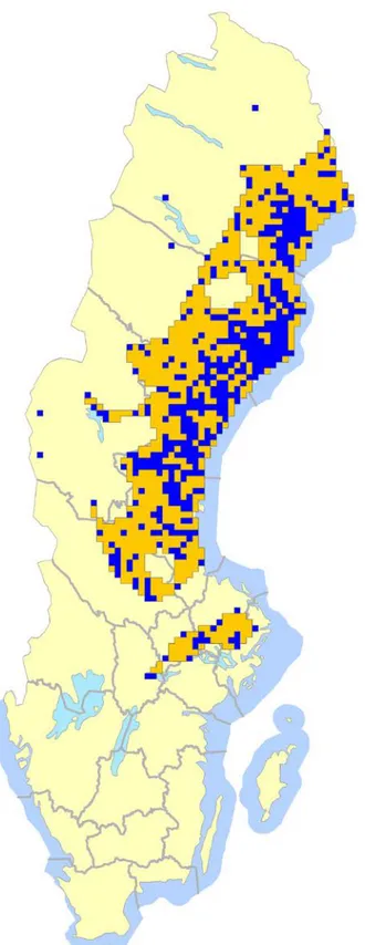 Figur 6. Ortolansparv,  utbredning i början av 2010-talet. Blåa rutor (10 × 10 km) visar förekomst  av häckande ortolansparv