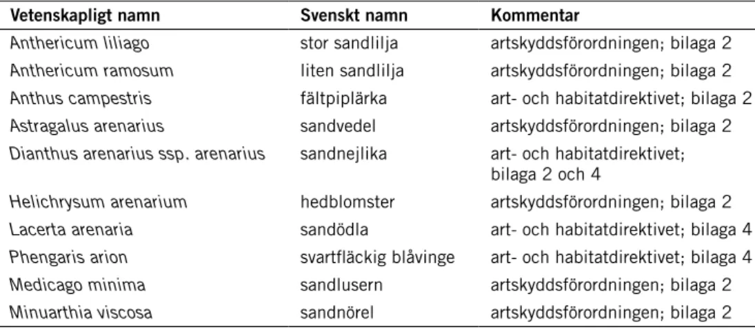 Tabell 4. Arter som förekommer i sandstäpp i Sverige och omfattas av artskyddsförordningen  (2007:845).