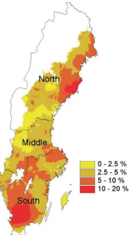 Figur 4. Andelen dikad skogsmark på torv i Sverige av totala skogsmarksarealen (von Arnold et  al., 2005)