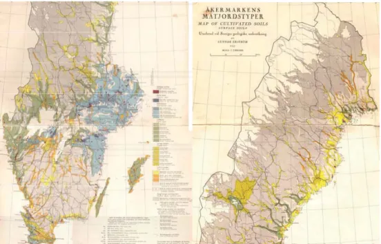 Figur 7. Utbredningen av jordarter i Sverige; gyttjejordar har en lila färg (Ekström, 1953)