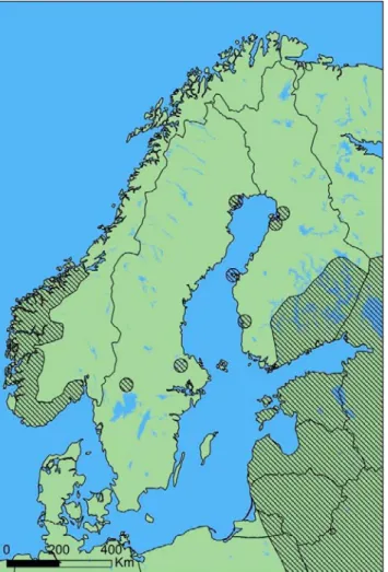 Figur 4. Utbredningen av vitryggig hackspett i nordvästra Europa (från Stighäll 2015).