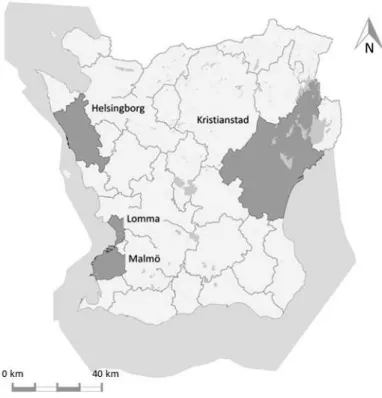 Figur 7. Fokuskommuner för delstudien om Ekosystembaserad klimatanpassning: Malmö,  Helsingborg, Kristianstad och Lomma.