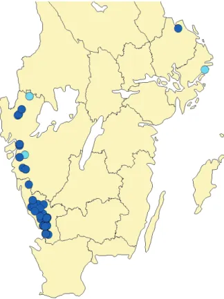 Figur 5. Utbredningen av brynia i Sverige. Mörkblå prickar anger fynd efter 1990 medan ljusblå utgör 