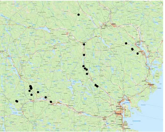 Figur 12. Aktuella fyndlokaler för Trolldruvemätare i mellersta norrland fram till år 2014