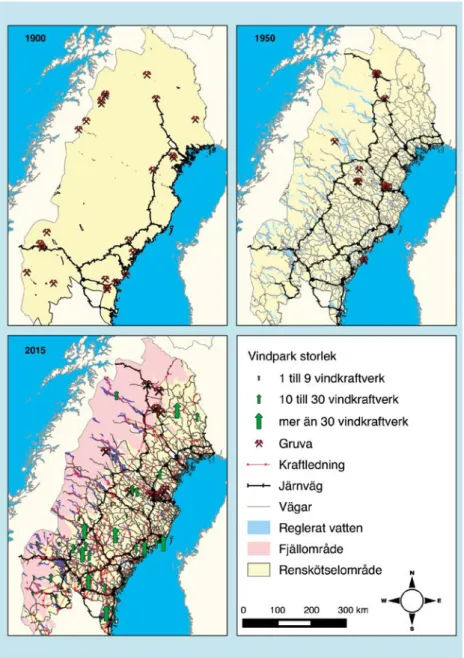 Figur 6. Kumulativa effekter för renskötselområdet för åren 1900, 1950 och 2015. 1900: stam- stam-banan utbyggd till Gällivare (svart) att antal små gruvor (röd), vägnätet hade vi denna tidpunkt liten  påverkan på renskötseln, nybyggen fanns längs älvdalar