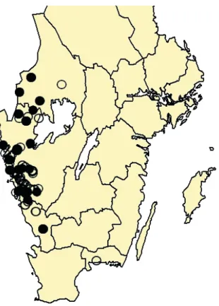 Figur 5. Utbredningskarta för fågelfotsmossa i Sverige. Fyllda cirklar är lokaler där arten konstaterats 