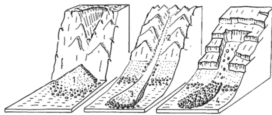 Fig  3  Olika  typer  av  sluttningsformer  (efter  Rapp  1959)  Various  types  of  landforms  caused  by  slope  processes  l  Talus  (raskäg1a) 