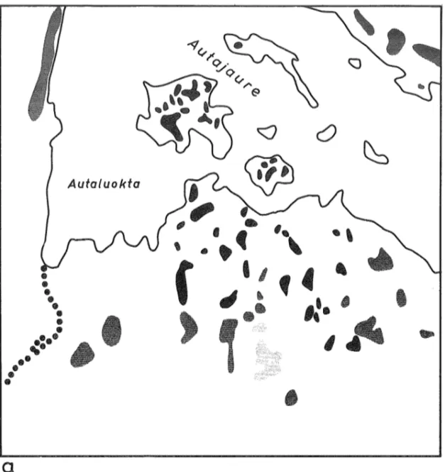 Fig  6  Geomorfologisk  bildtolkning  i  olika  flygbildsmaterial  från  Autajaureområdet