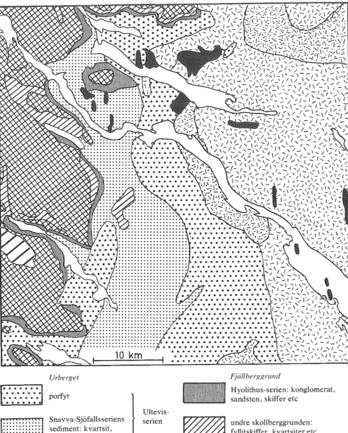 Fig. 5  Berggrunden inom kartbladet Stora Sjöfallet (efter Ödman  1957 och Kulling  1964  och  1977)