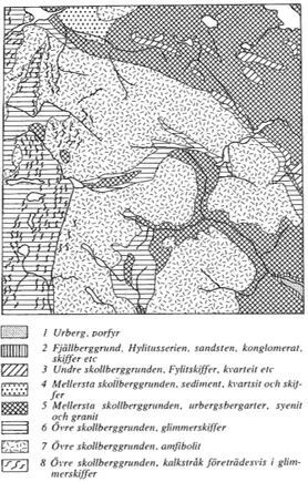 Fig  8:  Berggrundskarta  över  Sarekområdet.  Om- Om-ritad efter Kulling (1977). 