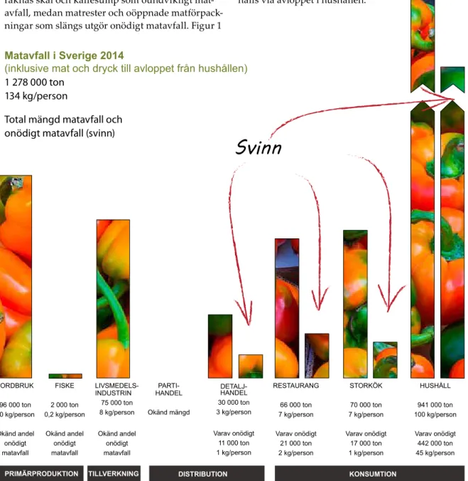 Figur 1 visar hur det uppkomna matavfallet för- för-delas mellan de olika stegen i livsmedelskedjan