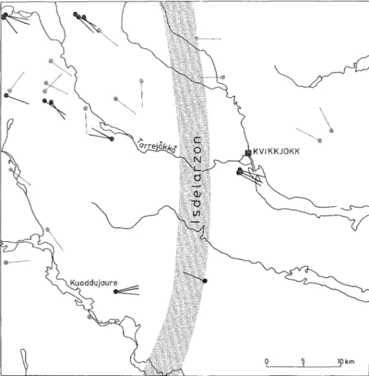 Fig  8:  Räffelobservationer  i  Kvikkjokksområdet.  Svarta symboler är författarens  iakttagelser medan  övrig information (i  grönt)  är hämtad ur Atlas över  Sverige