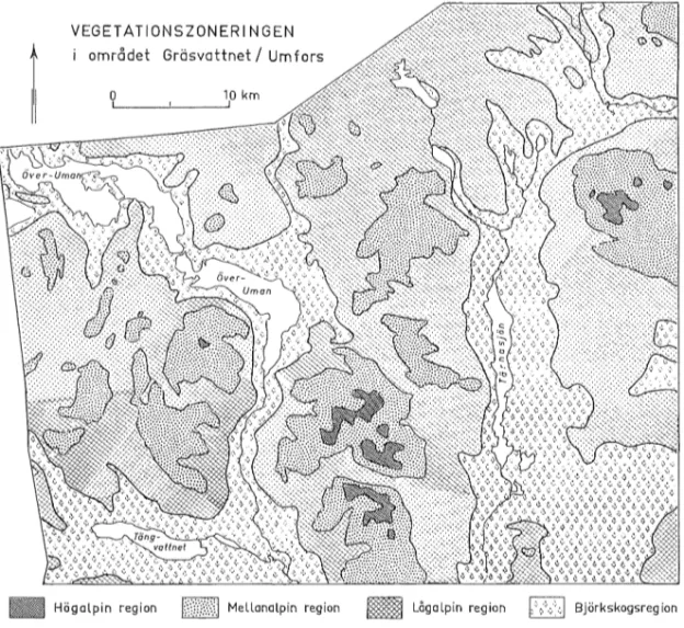 Fig  6  Vegetationszonerna  inom  kartbladet  Gräsvattnet/Umfors  (se  sid  22). 
