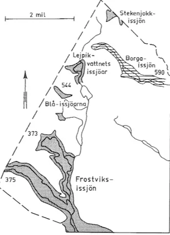 Fig  9  Issjöarnas  utbredning  i  området.  (Efter  J.  Lundqvist 1973.) 