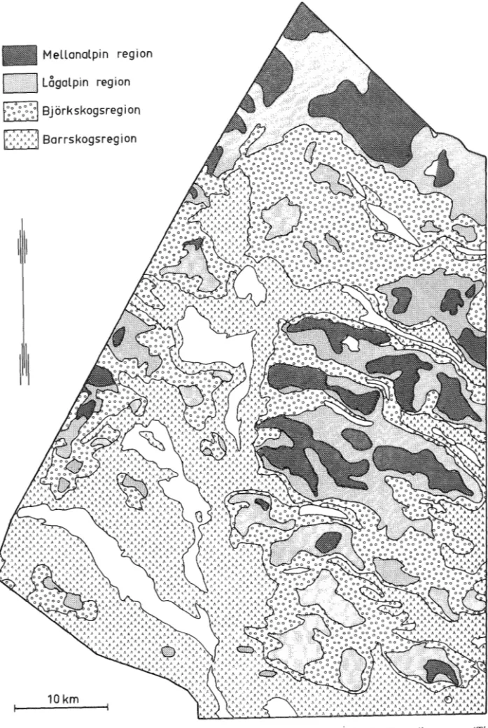 Fig  lOV  egetationsregionerna  inom  Frostviken- Frostviken-området.  Kartan är sammanställd av  Lars  Anders-son som utför vegetationskarteringarna i området