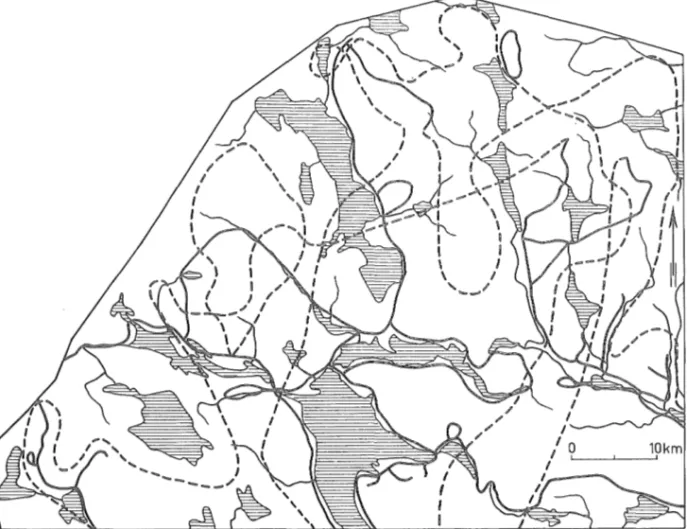 Fig  2  Routekarta.  Markkontroller har utförts längs de  heldragna linjerna, helikopterkontroller längs  de  streckade