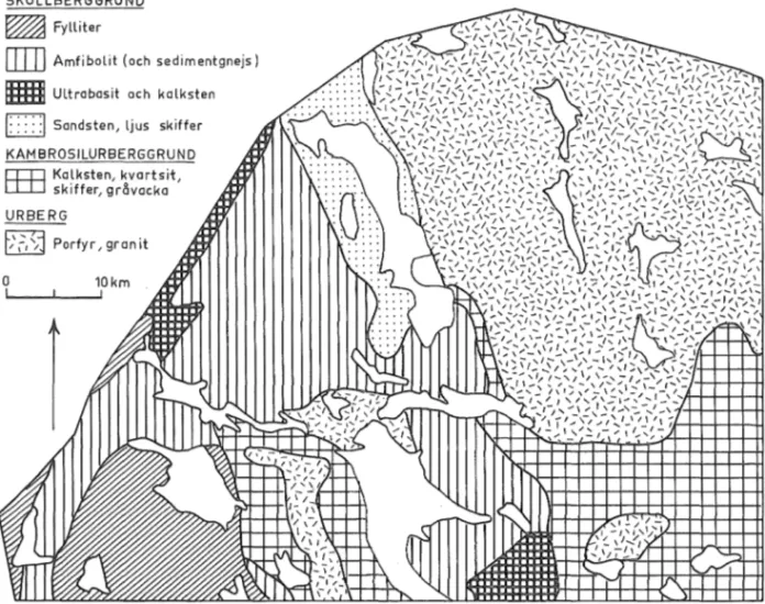 Fig  8  Berggrundskarta.  Omritad  efter  manuskript  till berggrundskarta över Jämtland (SGU)