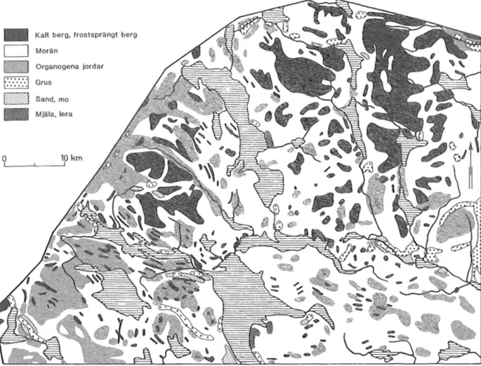 Fig  10  Jordartskarta.  Generaliserad  efter  J  Lund- Lund-qvist (1969). 