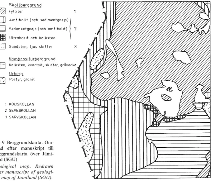 Fig  9  Berggrundskarta.  Om- Om-ritad  efter  manuskript  till  berggrundskarta  över   Jämt-land (SGU) 
