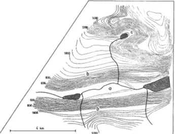 Fig  4  Typisk  U-dal  (a)  med  glacialt  präglade  ero- ero-sionskanter (b)  och välutvecklad glaciärnisch (c)